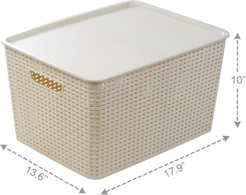 BINO Plastic Storage Baskets with Lids - 33 Liter | 3 Pack Natural | Ideal for Organizing Shelves