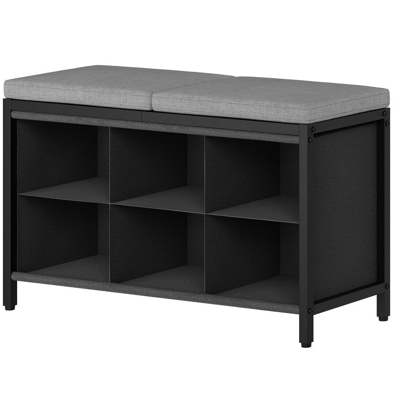 YATINEY Shoe Storage Bench with Cushion, Entryway Bench, Shoe Rack with Padded Seat and 6 Oxford Compartments, for Closet, Bedroom, Entryway, Black and Gray HX01BK