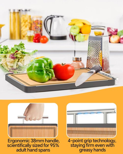Cutting Boards for Kitchen - Food Grade Double Sided Pure Stainless steel& Bamboo Chopping Board with Handle, Slip resistant Non-toxic Charcuterie Board Housewarming Gifts (15.5×10)