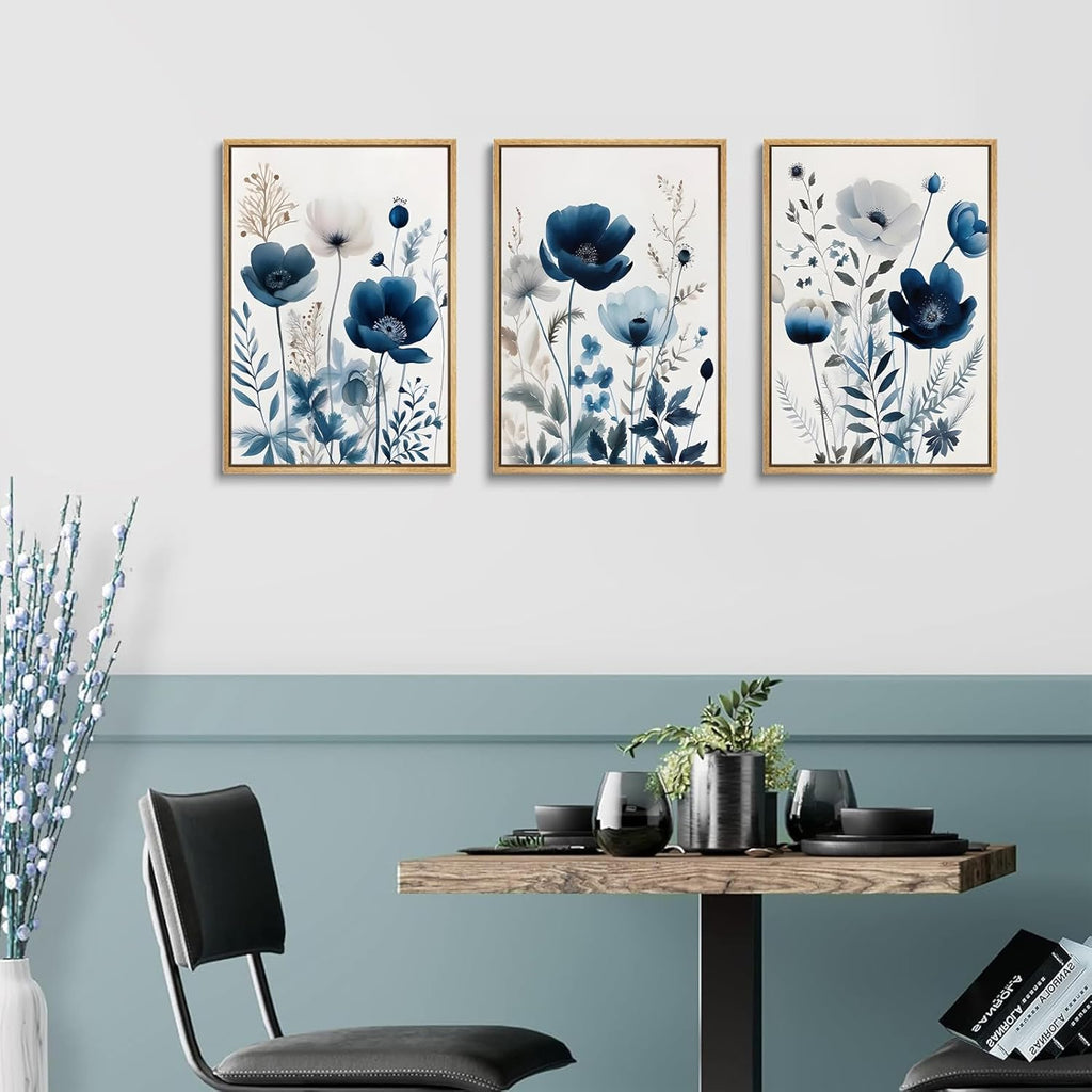 Skiennix Flower Canvas Wall Art - Modern Navy Blue Wildflower Prints | Unframed 12x16in Decor