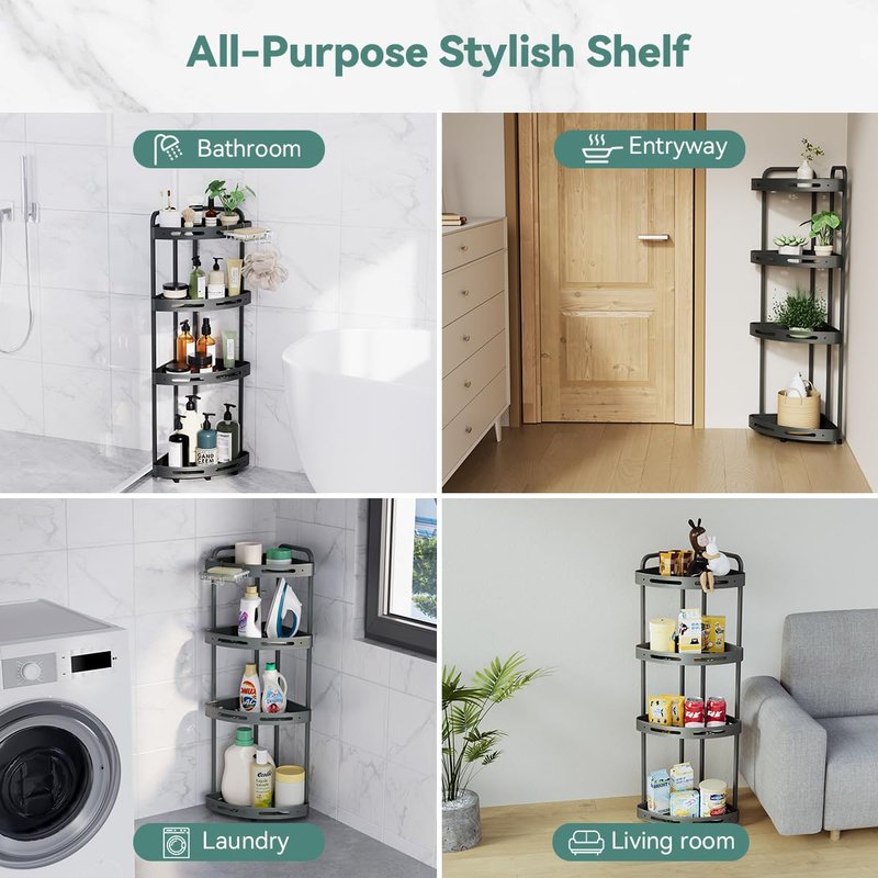 Binecer Corner Shower Caddy Stand, 4 Tier Standing Shower Organizer with Soap Holder, Rustproof Shower Shelves for Bathroom Shampoo Storage, Grey