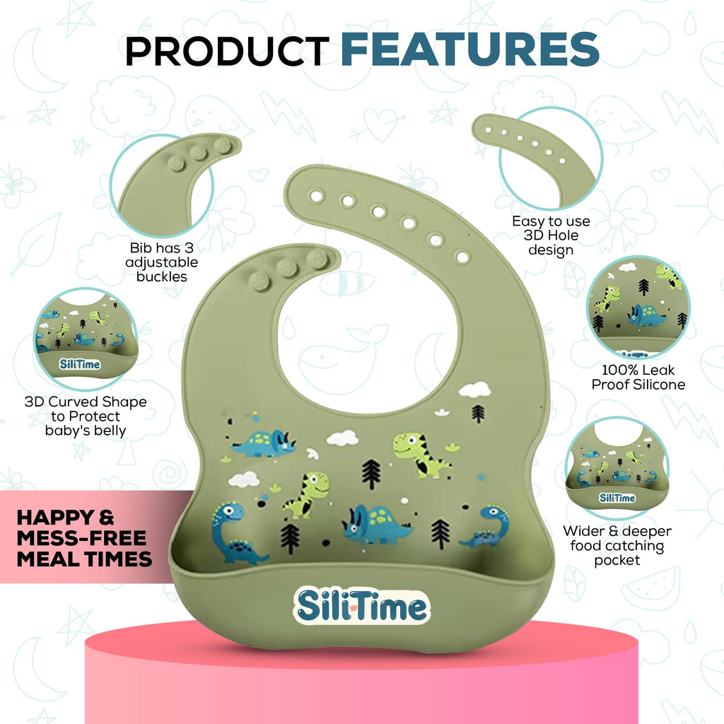 SiliTime Dinosaur-Themed Silicone Baby Feeding Set – Suction Mat with Food Catcher & Pacifier – 8-Piece BPA-Free Toddler Mealtime Essentials for Baby-Led Weaning