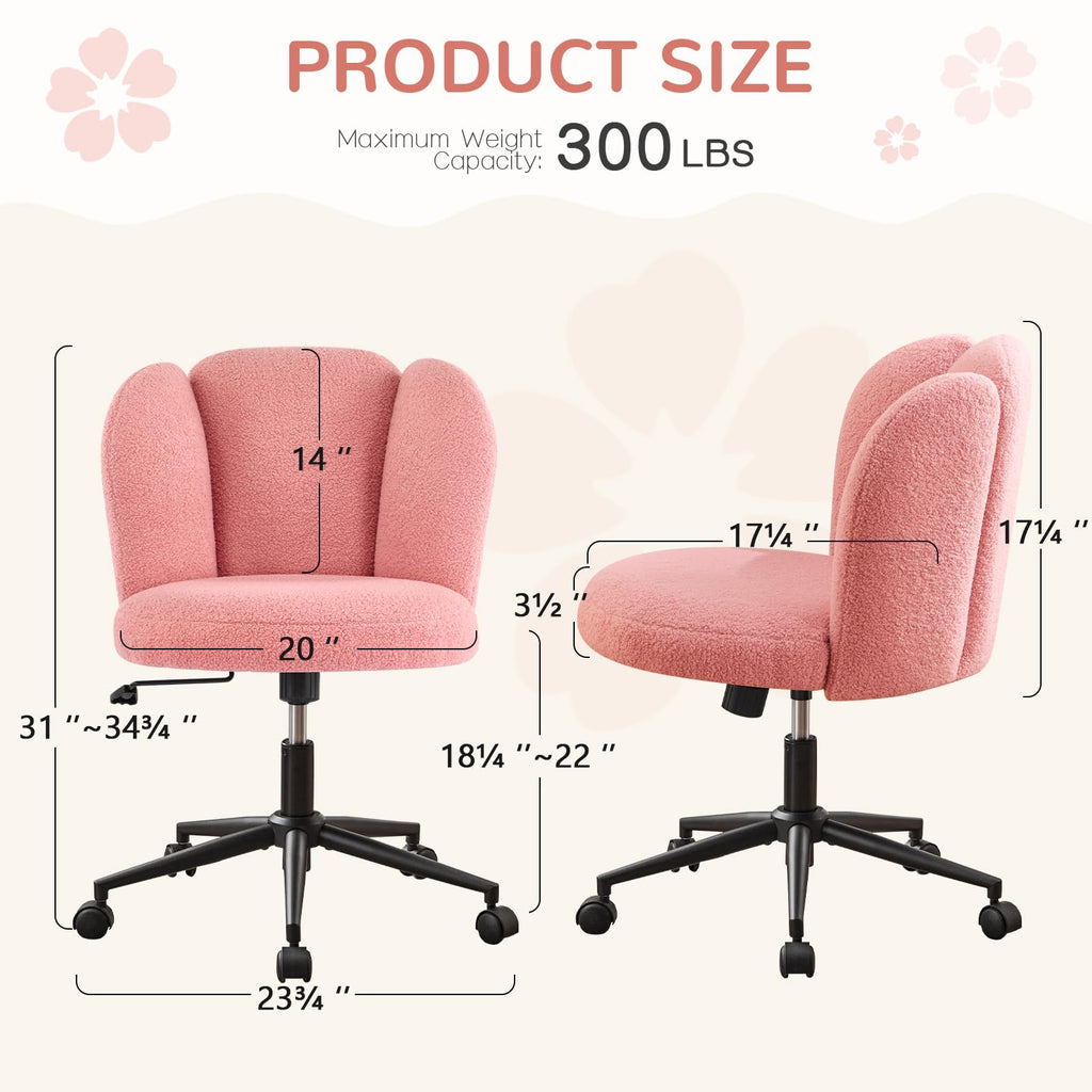 Furniliving Fluffy Armless Desk Chair, Upholstered Vanity Chair with Back, Comfortable Boucle Task Chair for Bedroom, Dressing Room, Home Office, Pink
