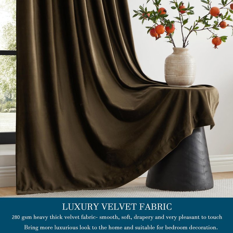 PRIMROSE Brown Polyester Velvet Curtains 102 inch Long for Living Room,Set of 2 Panels Blackout Rod Pocket Back Tab Window Treatment Room Darkening Heavy Decorative Curtains Drapes for Bedroom