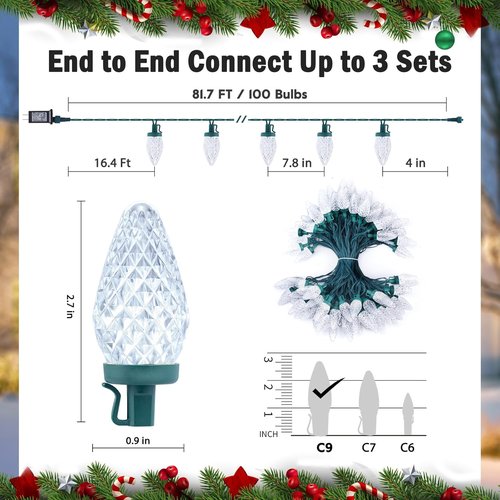 Minetom C9 LED Christmas Lights - 81FT 100 Waterproof String Lights with Timer & 8 Modes | Cool White