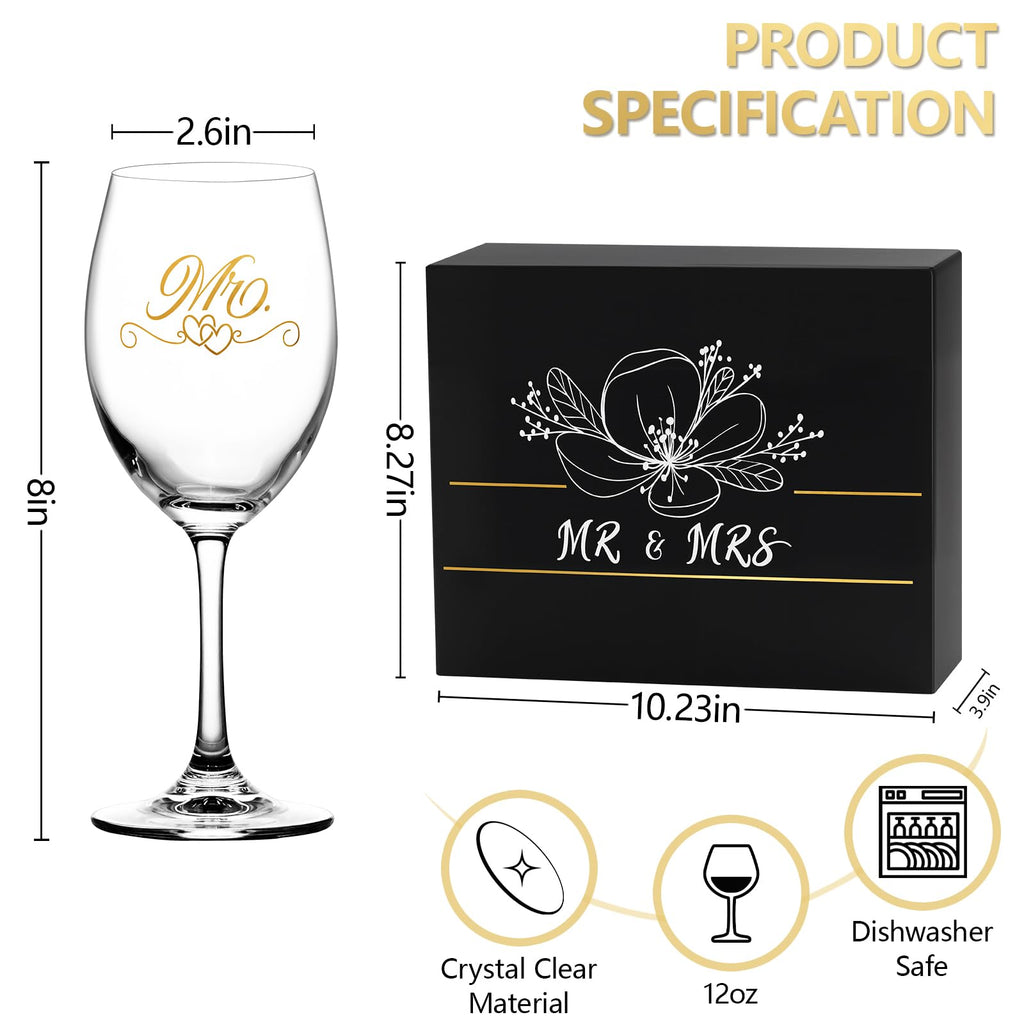 Hanmsen Bridal Shower Gifts Wedding Gifts Engagement Gift for Couples Newlyweds,Mr and Mrs Wine Glass Set,Wedding Glasses for Bride and Groom