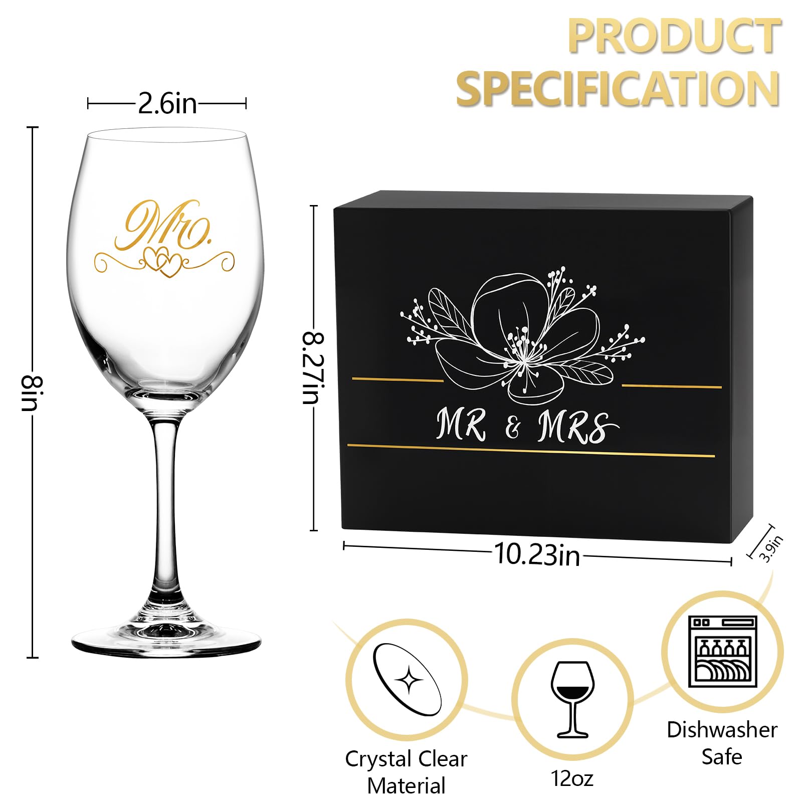 Hanmsen Bridal Shower Gifts Wedding Gifts Engagement Gift for Couples Newlyweds,Mr and Mrs Wine Glass Set,Wedding Glasses for Bride and Groom
