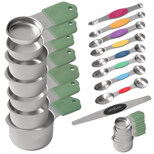 Magnetic Measuring Cups and Magnetic Measuring Spoons Set of 16,Heavy Duty 304 Stainless Steel Cups and Spoons With Leveles For Cooking & Baking (Green)