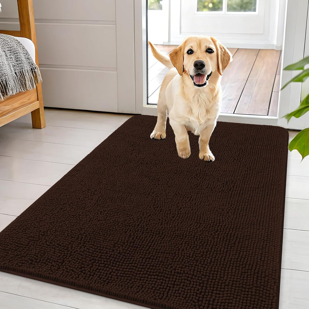 OLANLY Dog Door Mat - Absorbent Non-Slip Chenille Mat for Muddy Paws | Quick Dry, 44x32, Brown