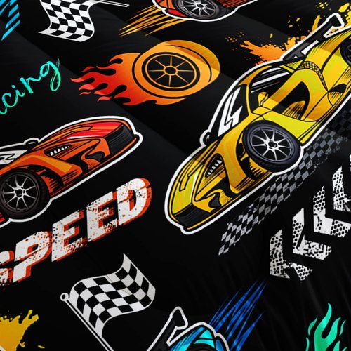 Hosima Child's Cartoon Sports Car 3Piece Set with 2 Pillowcases, Racing Car Bedding for Boys and Girls, Fast and Furious Extreme Sport Games Comforter, Black Comforter Full Size