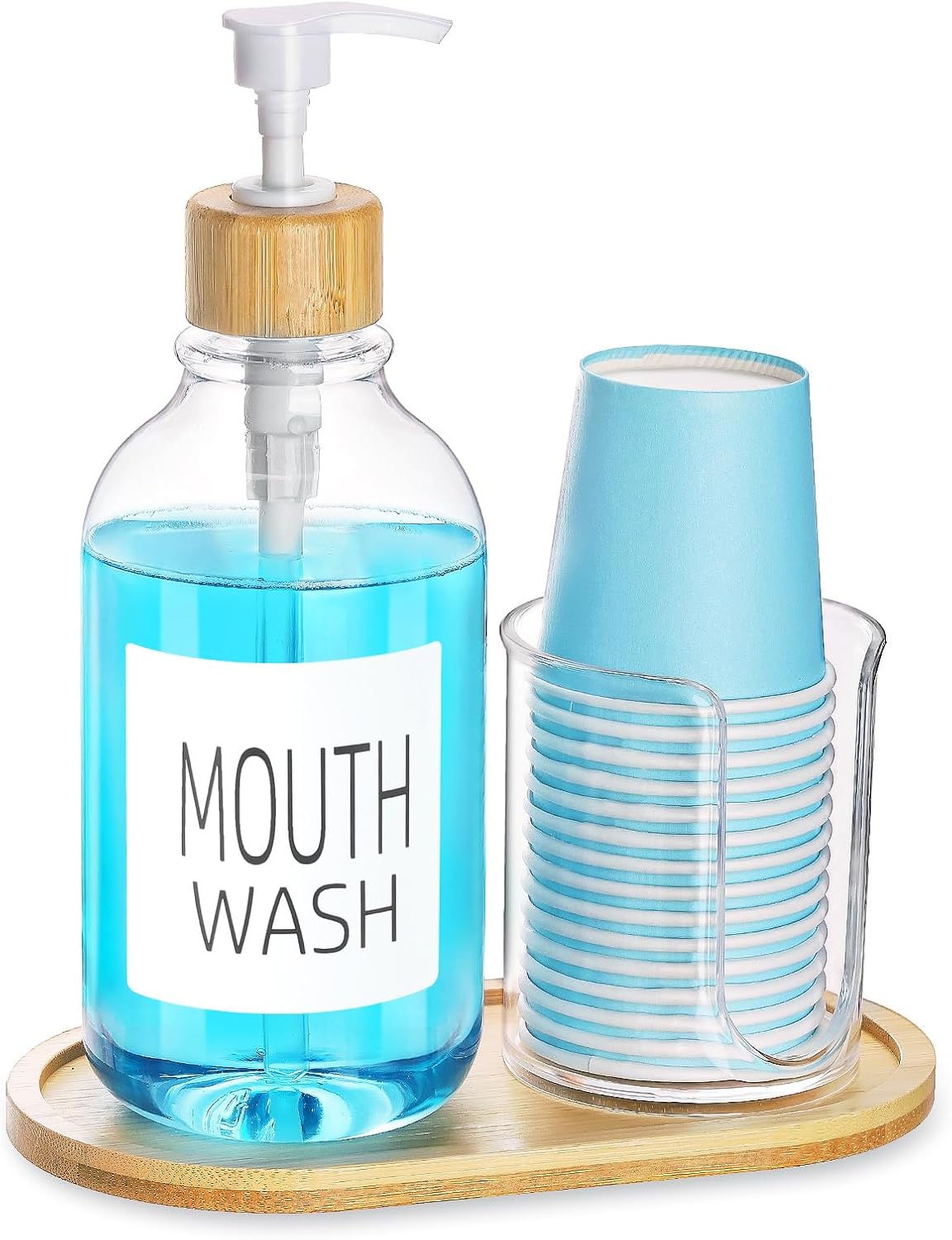 Regine Switzerland Mouthwash Dispenser - 17oz Refillable Clear Pump Bottle with Cup Holder & Tray