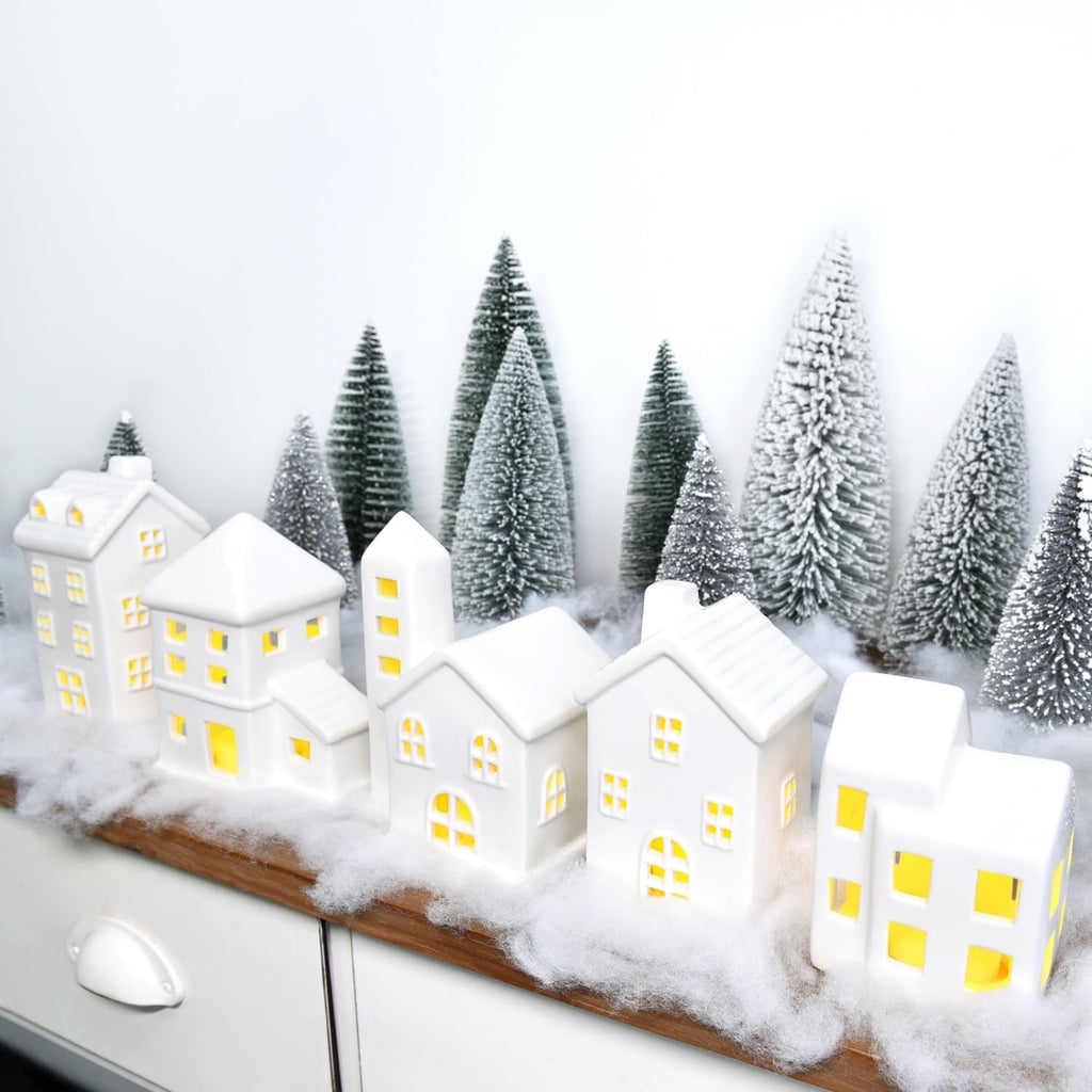 Regine Switzerland Ceramic Christmas Village Houses - 5 White Houses & 9 Trees with Fake Snow | Festive Indoor Decor for Home Table & Fireplace