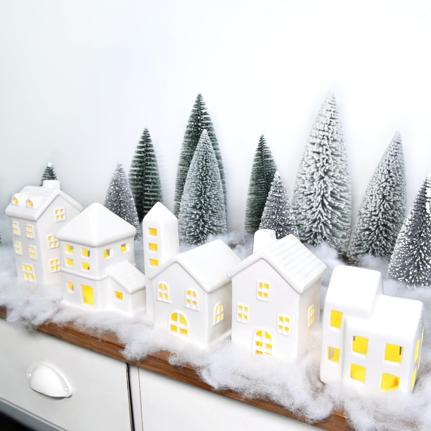 Regine Switzerland Ceramic Christmas Village Houses - 5 White Houses & 9 Trees with Fake Snow | Festive Indoor Decor for Home Table & Fireplace