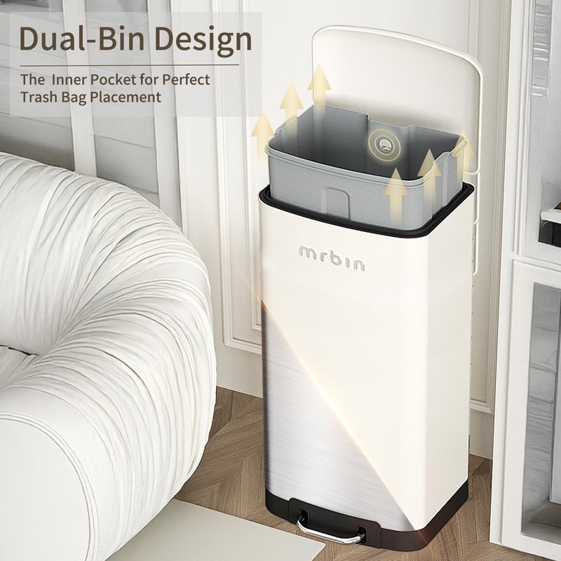 MRBIN Small Bathroom Trash Can with Lid, Metal Step Waste Basket Touchless Soft Close, 6L / 1.6gal Rectangle Garbage Bucket with Stainless Steel Pedal for Kitchen, Office, Bedroom Accessories, White