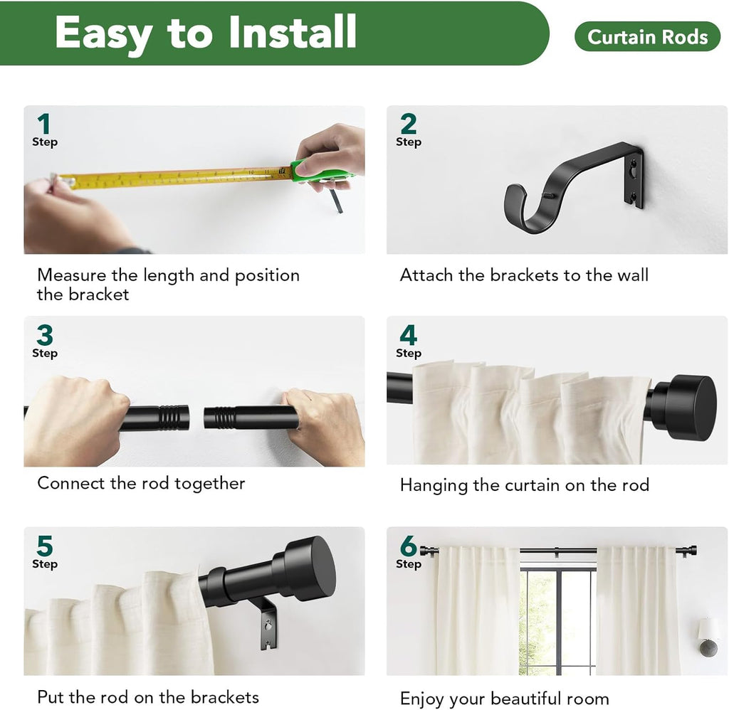 Time Forest Black Curtain Rods - Adjustable 32 to 120 Inch Heavy Duty, Modern Style for Indoor/Outdoor Use