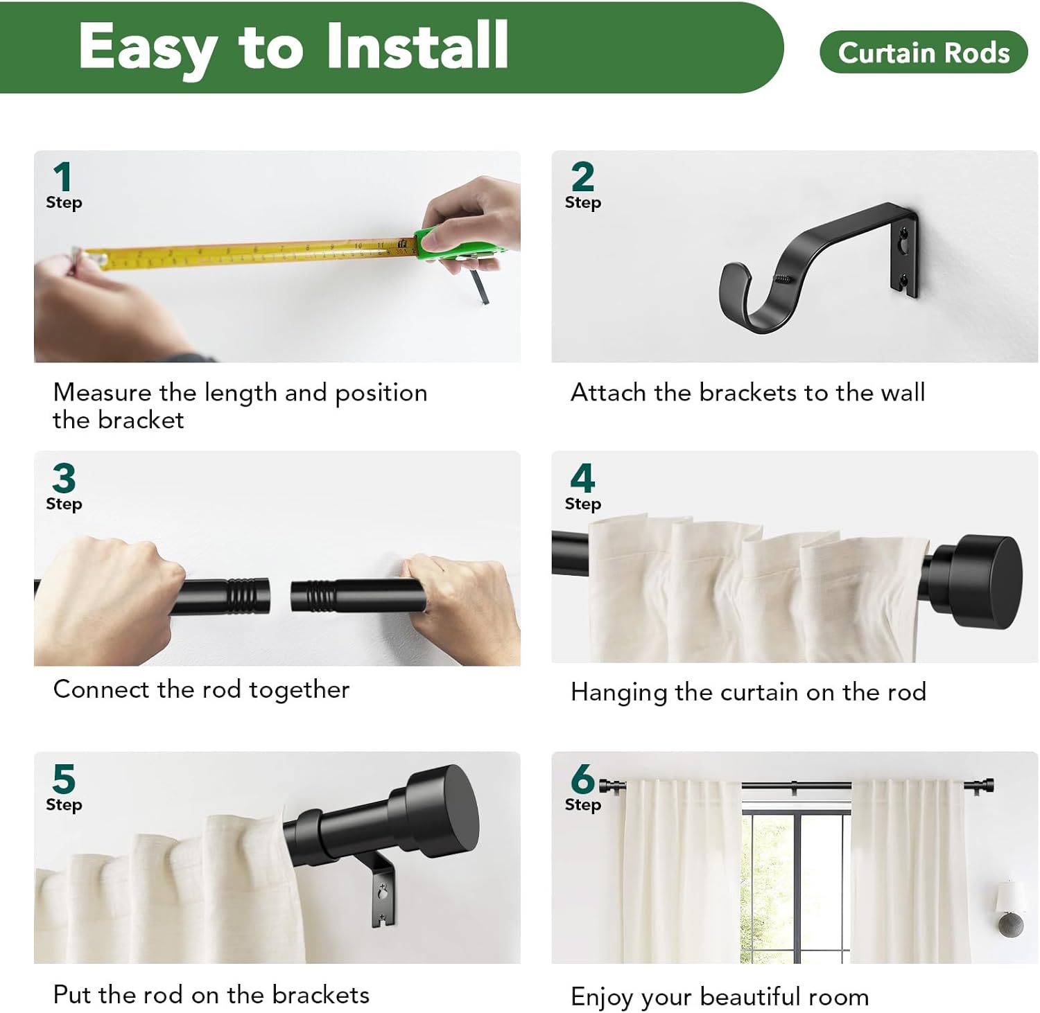 Time Forest Black Curtain Rods - Adjustable 32 to 120 Inch Heavy Duty, Modern Style for Indoor/Outdoor Use