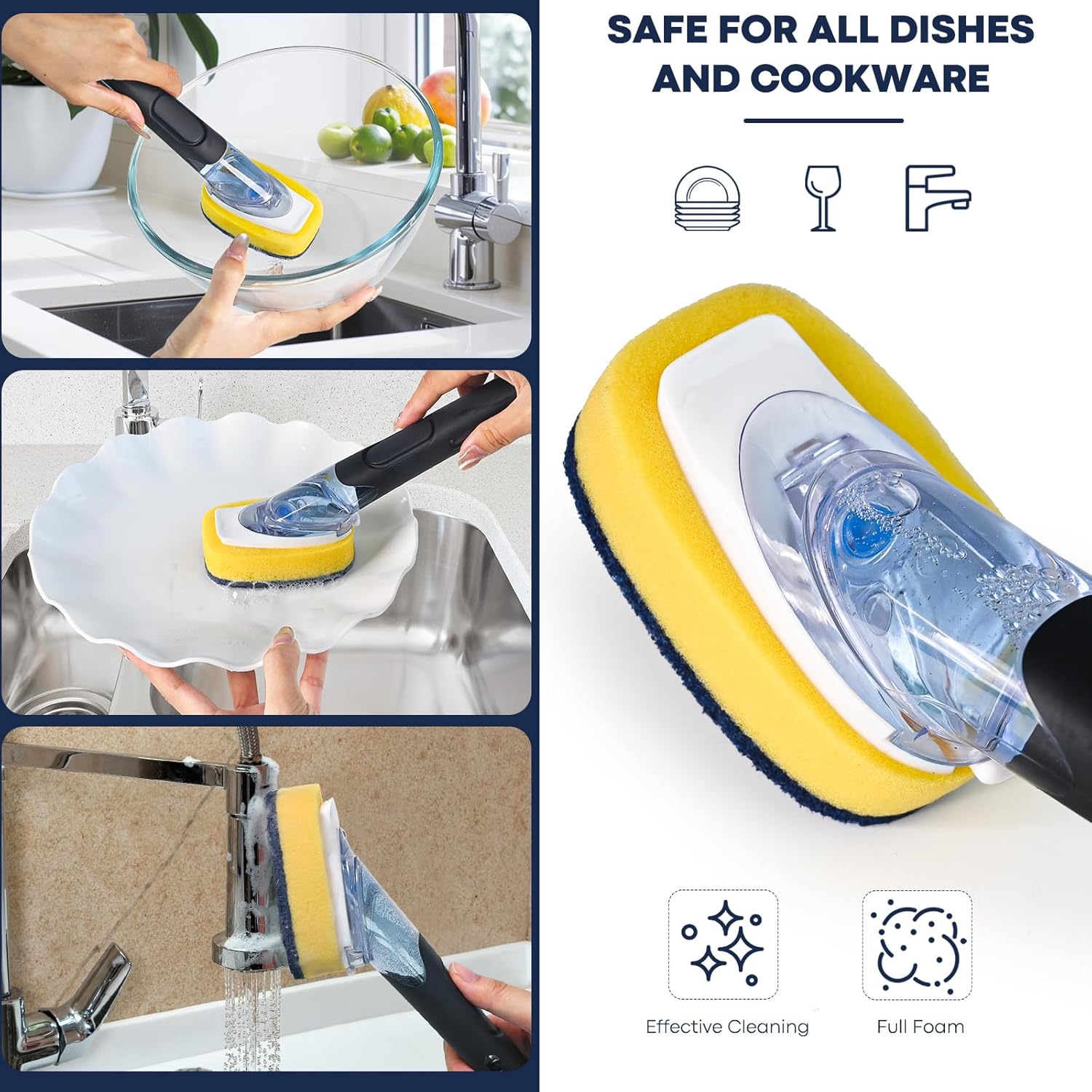 Skiennix Dish Brush Set - Soap Dispensing Brush with Holder & 2 Sponge Refills for Easy Cleaning