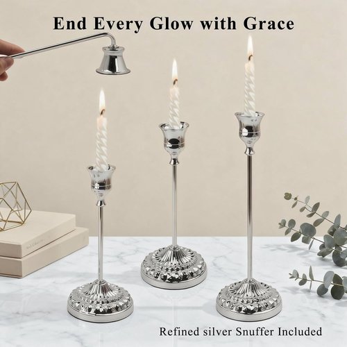 BEAHOT Silver Candle Holders - Set of 6 Elegant Non-Slip Holders with Matching Snuffer for Home Decor & Weddings