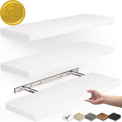 BAYKA Floating Wall Shelves - Rustic Wood Design for Bathroom, Bedroom & Living Room | Set of 3 (White, 15.7in)