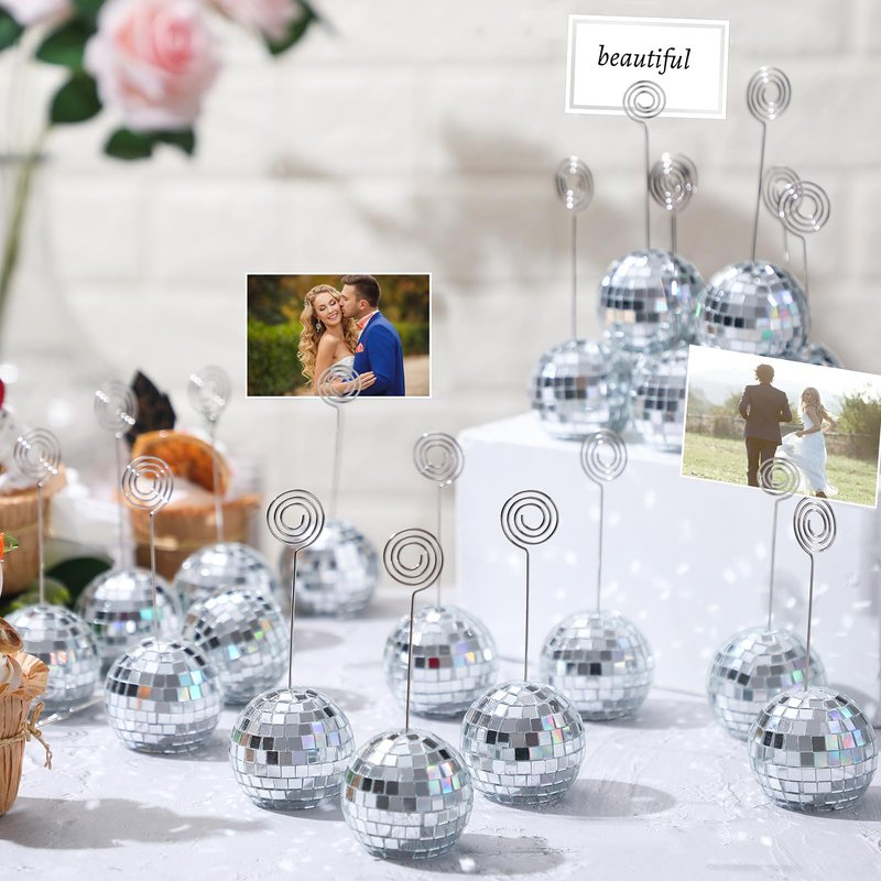 Uiifan 60 Pcs 2 Inch Disco Ball Card Holder Picture Photo Table Number Name Card Silver Place Holders Stands Disco Ball Stands with Swirl Wire for Display Menu Wedding Party Birthday