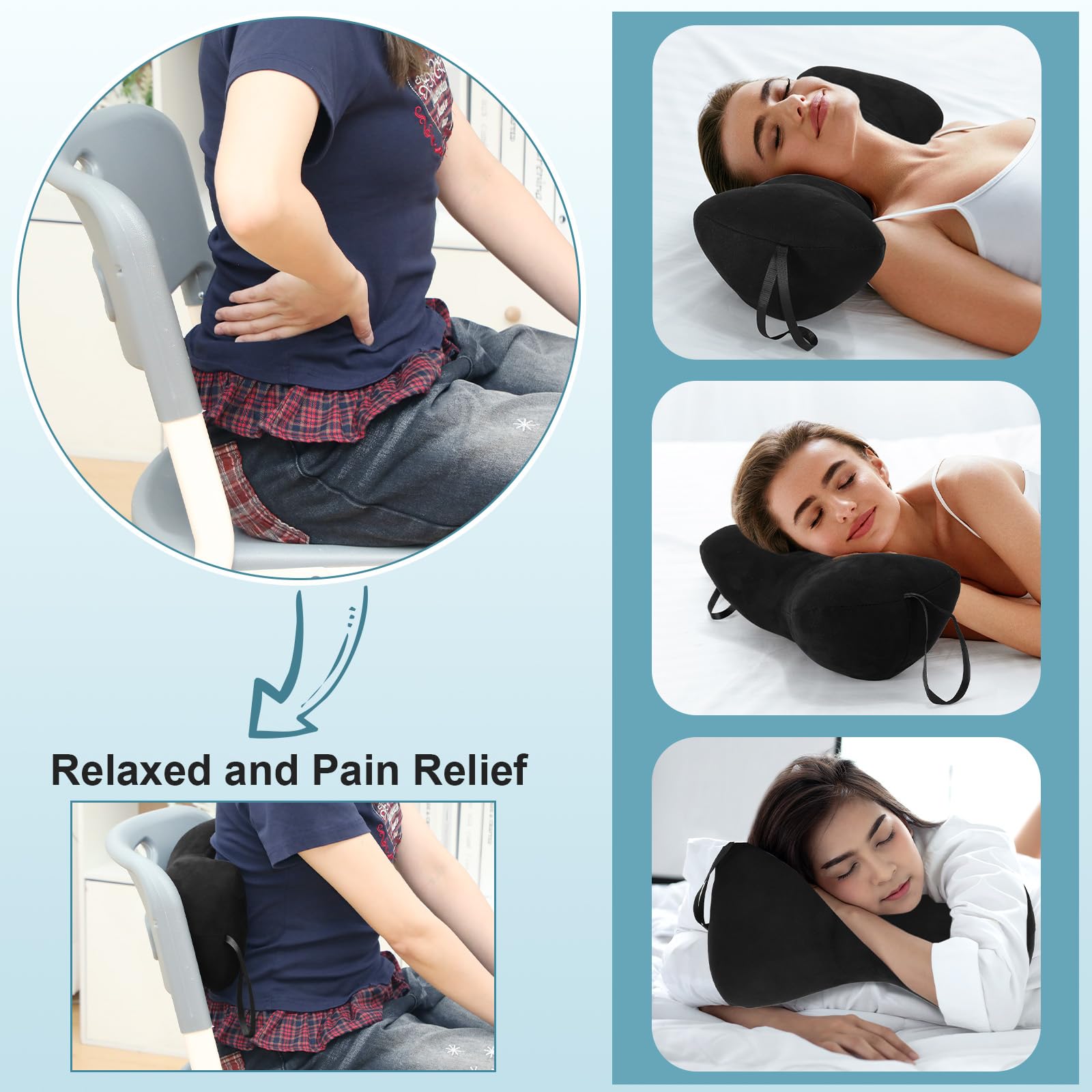 Chunful 1pcs Dog Bone Shaped Chiropractic Neck and Back Pillow for Cervical Support with Adjustable 37 Inches Strap Sofa Lounge Chair Pillow for Travel Home Use, 15 x 7 x 5 Inches (Black)