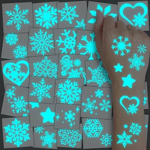 CHARLENT Blue Luminous Snowflake Temporary Tattoos - 74 Sheets of Winter Party Designs for Kids & Adults