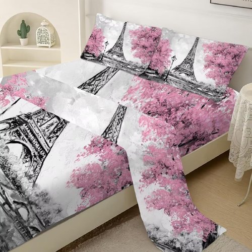 Kxry Pink Paris Fitted Sheet Set - Eiffel Tower Flower French Style Bedding - Full Size for Boys, Kids, Teens, Women - 1 Fitted Sheet + 1 Flat Sheet + 2 Pillow Cases