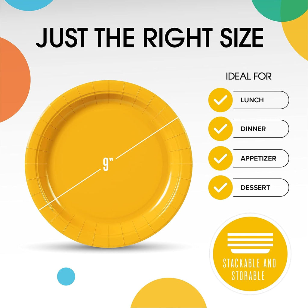 Skiennix Yellow Disposable Paper Plates - Heavy Duty 9-Inch, 100 Pcs for Parties & Birthdays