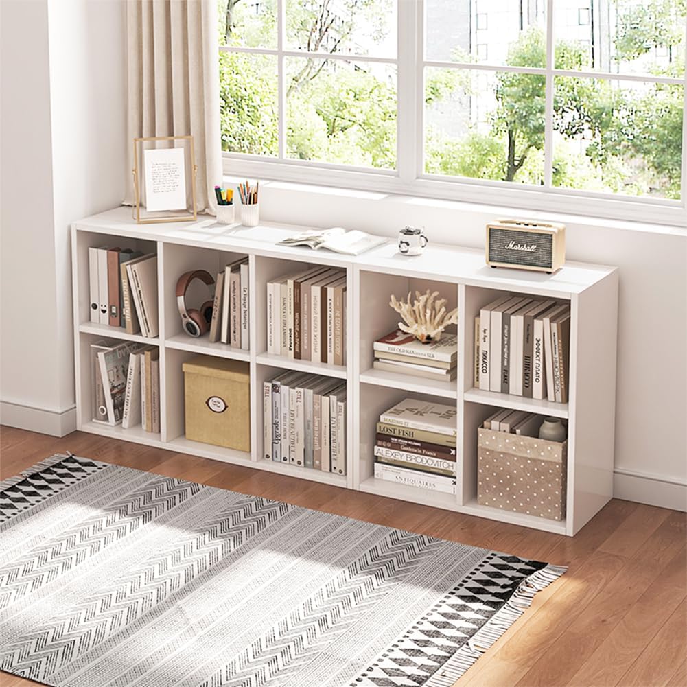 NELY 4 Cube Organizer Bookcase - Stylish Fabric Storage Bins & Open Shelves, White Finish