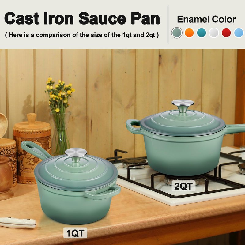 Enameled Cast Iron Sauce Pan with Lid, Leonyo 1 Quart Saucepan with Lid, Enamel Cast Iron Dutch Oven Kitchen Cookware for All Cooktops Cooking Soup, Milk - Up to 500°F & 4.4Lbs, Pistachio Green