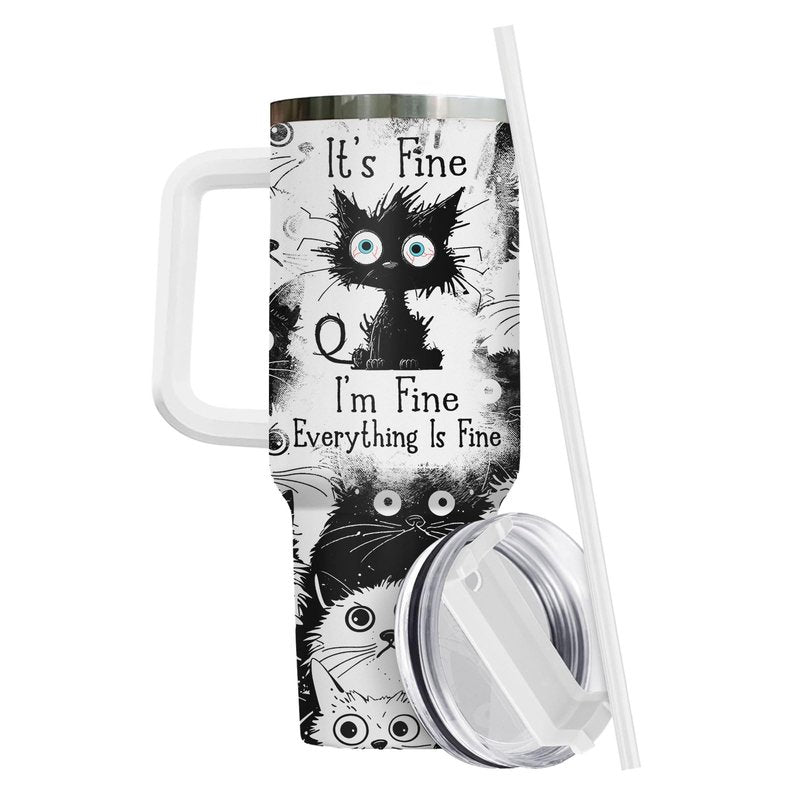 34HD Funny Black Cat 40oz Tumbler with Handle and Straw, Everything Is Fine Stainless Steel Vacuum Insulated Cup, Birthday & Mother's Day Gifts for Pet Lovers, Him Her and Mom