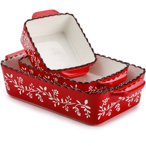 AVLA 3 Pack Ceramic Bakeware Set, Porcelain Rectangular Baking Dish Lasagna Pans for Cooking, Kitchen, Casserole Dishes, Cake Dinner, 12 x 8.5 x 6 Inches of Baking Pans, Banquet and Daily Use, Red