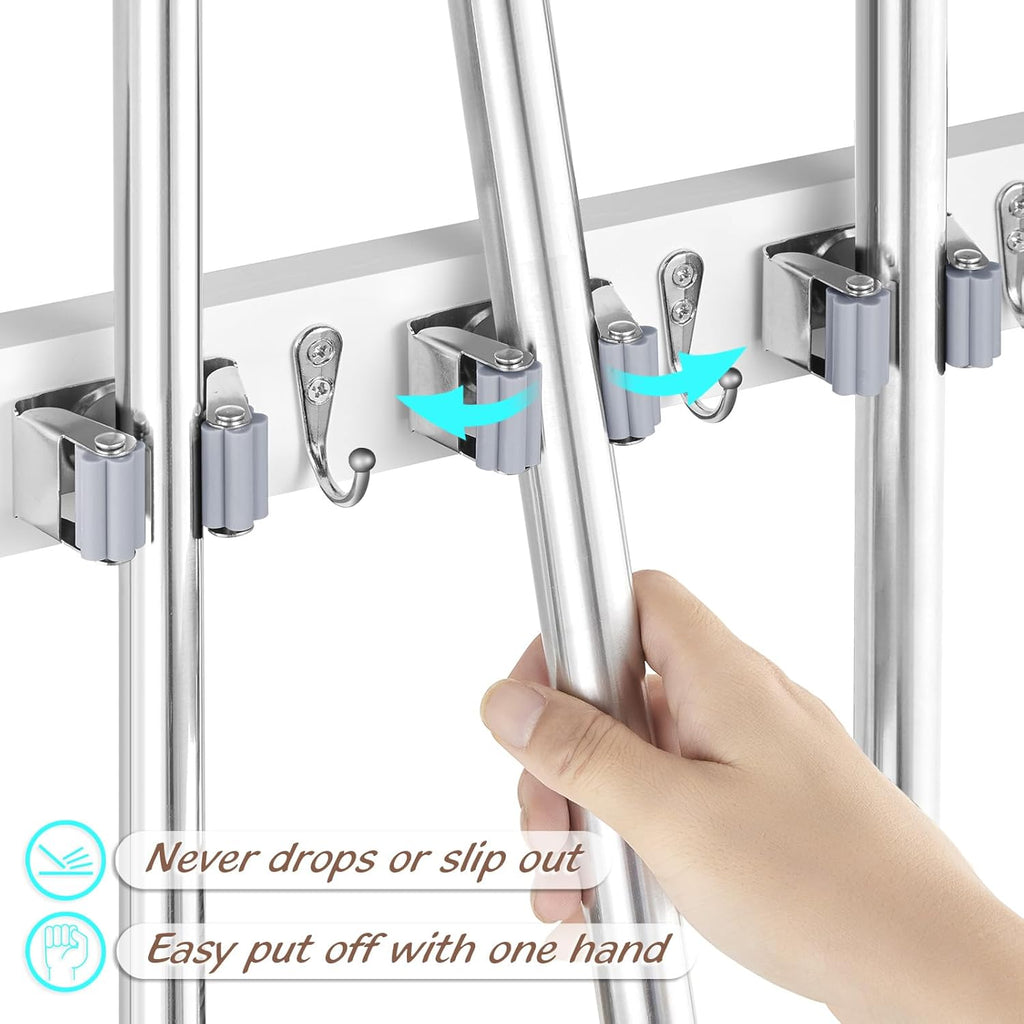 OUTNILI Wall-Mounted Mop Broom Holder - 3 Slots & 4 Hooks for Kitchen & Garden Organization