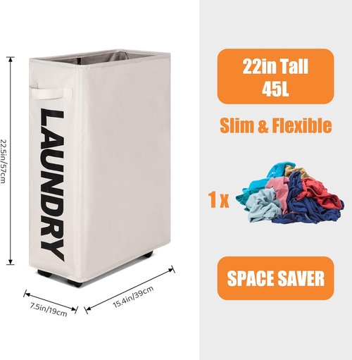 Caroeas Rolling Slim Laundry Basket - Foldable Waterproof Organizer on Wheels | 22" Tall Beige Bin