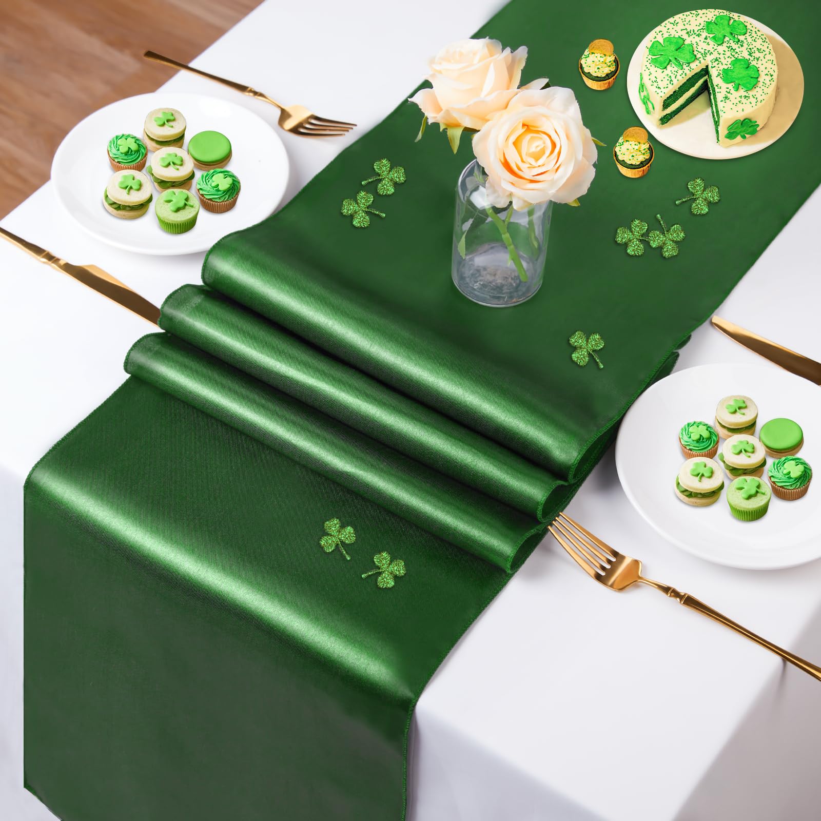 B-COOL Set of 10 Satin Table Runner Forest Green 12x108 inch Smooth Silky St. Patrick's Day Table Runner for Wedding Brithday Reception Party Banquet Decoration