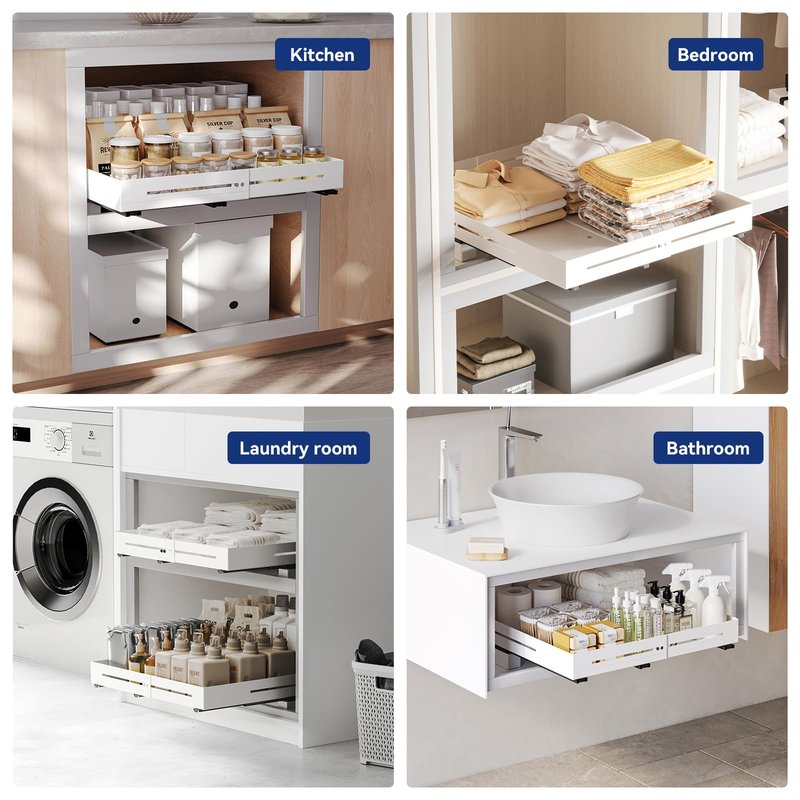 AmzAge Pull Out Cabinet Organizer With Raising Pad for Framed Cabinets,Adjustable Depth(12.8"-17.5") And Width(14.8"-20.5"),Slide Out Drawers,No Drill Design,Heavy Duty Storing,White
