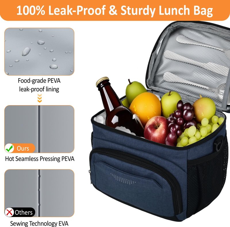 Vankor Lunch Box for Men Women, Large Double Layer Insulated Lunch Bag Tote Expandable Leakproof Waterproof Cooler Bag with Adjustable Shoulder Strap for Work Office Picnic Travel, Blue