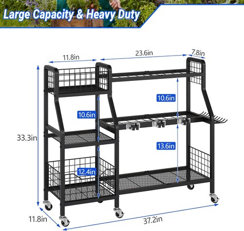 Keomaisyto Garden Tool Organizer - Heavy Duty Metal Storage with 6 Wheels & 2 Baskets | Ideal for Garage, Shed, Yard