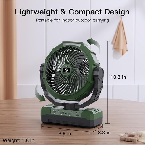 FRIZCOL 3-in-1 Camping Fan - Rechargeable Portable Fan with 24000mAh Battery & Light | Ideal for Outdoor Adventures - Green
