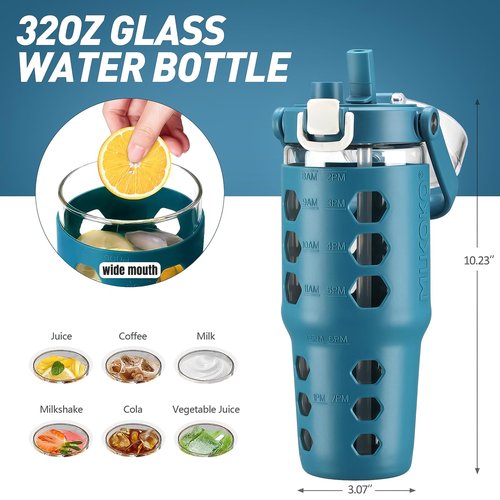 MUKOKO 32 oz Glass Tumbler with Straw,Glass Water Bottles with Time Marker,Iced Coffee Cup with Silicone Sleeve,Motivational Drinking Bottles,Leakproof-Steel Blue