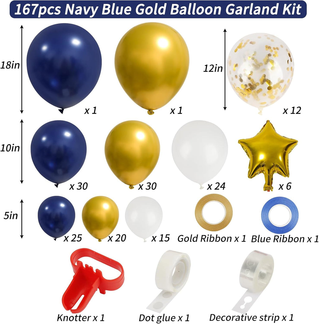 RUBFAC Balloon Garland Arch Kit - 167pcs Navy Blue, Gold & White Balloons with Confetti & Star Foil for Parties
