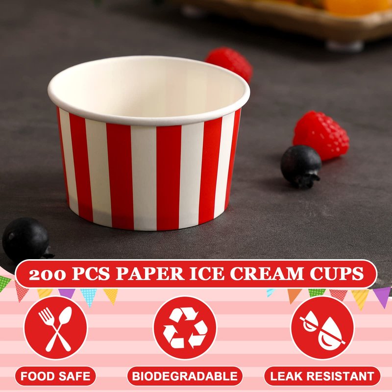 Potchen 200 Pcs Paper Ice Cream Cups 5.5 Ounce Red White Striped Disposable Sundae Bowls Yogurt Dessert Soup Cups for Hot Soup Snack Treat Carnival Theme Party Decorations