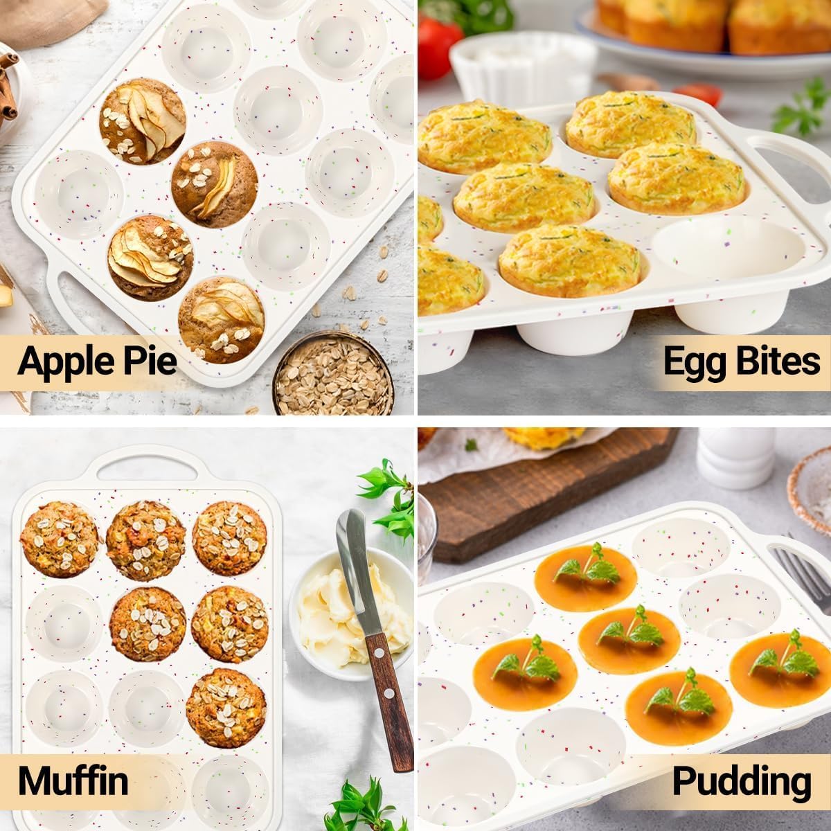 Skiennix Silicone Muffin Pans - Nonstick 12-Cup Baking Tray with Metal Reinforced Frame | BPA Free, Dishwasher Safe