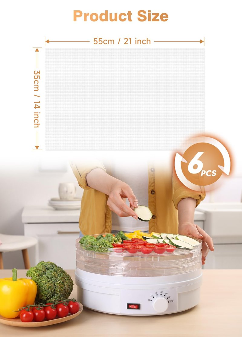 SUCISENI 6 Pack Silicone Dehydrator Sheets (14 x 21 Inch) Premium Non-Stick Silicone Mesh Mat for Fruit Food Dehydrator Reusable Dehydrated Tray Liners for Fruits Meat Vegetables Herbs