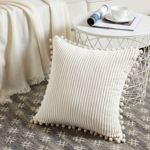Fancy Homi Boho Decorative Throw Pillow Covers - Soft Corduroy Accent Cushion Set (Pack of 2, 18x18 Inch, Cream)