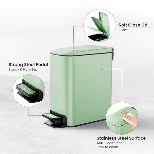 Cesun Small Bathroom Trash Can - Soft Close Lid & Step Pedal | 6L Stainless Steel, Anti-Fingerprint (Matt Green)