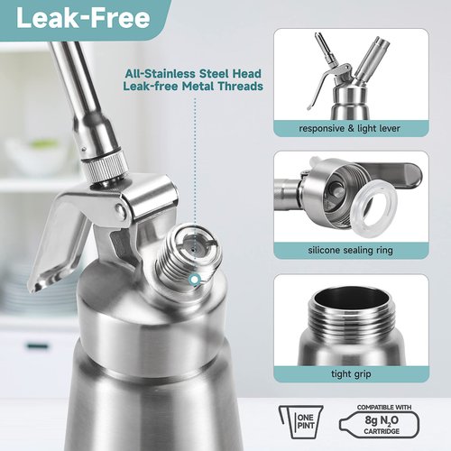 Gootus Professional Whipped Cream Dispenser - Stainless Steel, 500ml / 1 Pint Capacity, Includes 3 Stainless Decorating Nozzles and 1 Brush