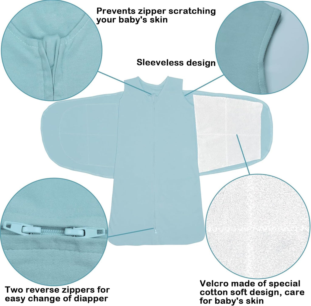 Skiennix Baby Sleep Sack Swaddle - 3-Way Adjustable Organic Cotton Blanket | 2 Pack, 3-6 Months, 12-18 lbs, 1.0 TOG (Cyan & Navy Blue)