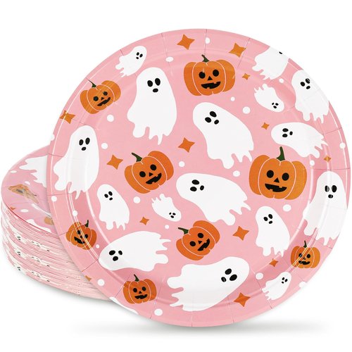 24Pcs Pink Halloween Paper Plates 9 Inch Cute Ghost Pumpkin Disposable Plates Decorative Party Plates for Halloween Birthday Party Dinner Tableware Supplies Table Decor