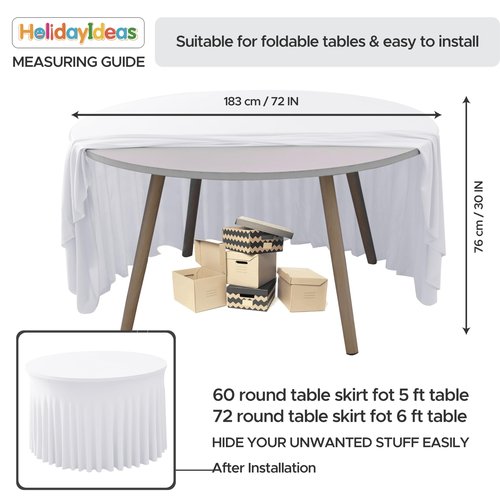 HolidayIdeas White Spandex 72in Round Table Cloths for Wedding, 6ft Fitted Stretch Table Skirts 132 Inch, Wrinkle-Free Ruffle Design Tablecloths for Banquets,Trade Shows, Parties, Events, 4 Pack
